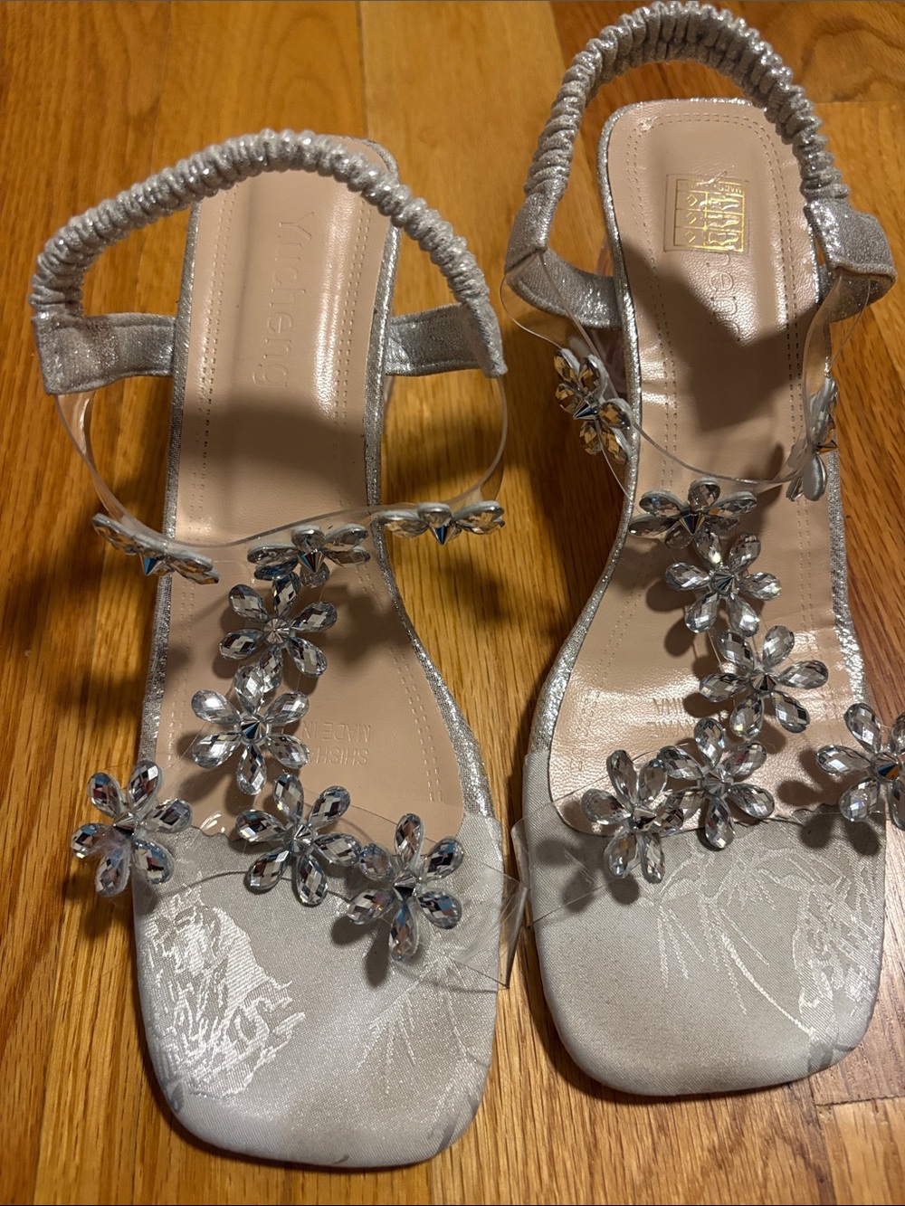 Silver Crystal Floral T-Strap Slingback Sandals